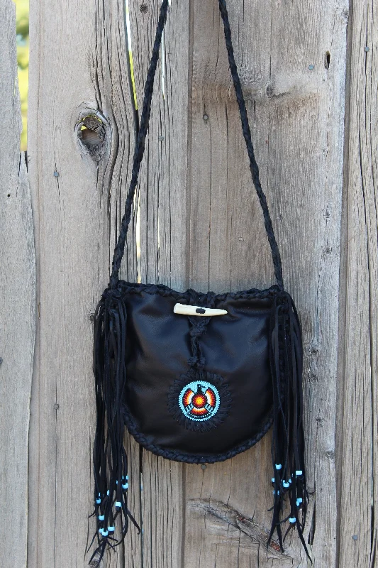 Limited Time Flash Sale Black leather tote, beaded Thunderbird tote handbag