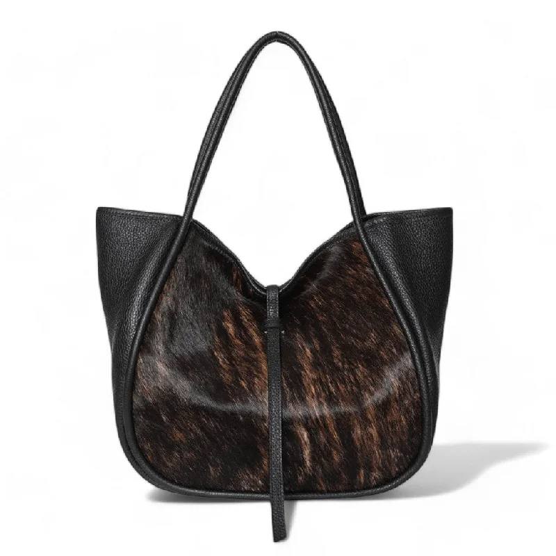 Sustainable Fashion Extravaganza Ellis Hobo Tote in Black Buffalo Cowhide with Dark Brindle Haircow