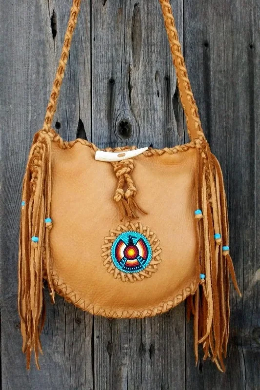 Vibrant Style Promotions Beaded leather tote, beaded Thunderbird totem handbag