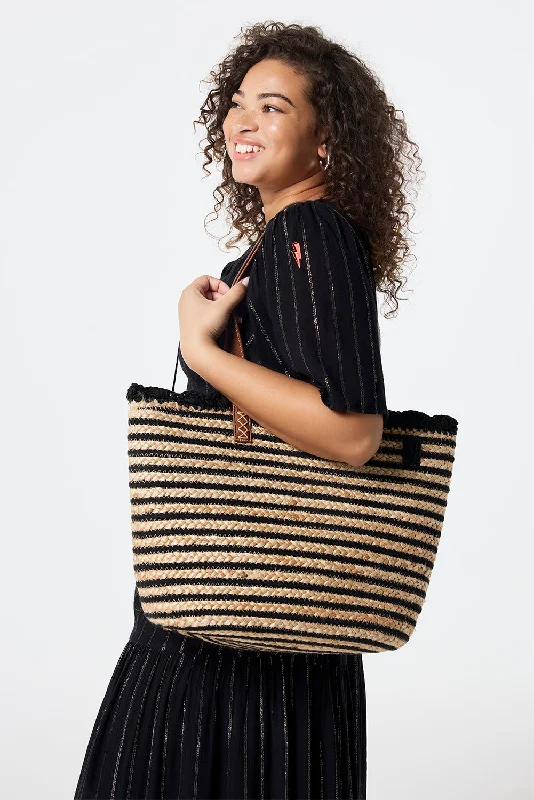Luxury Bags Natural with Black Stripe Straw Basket Bag