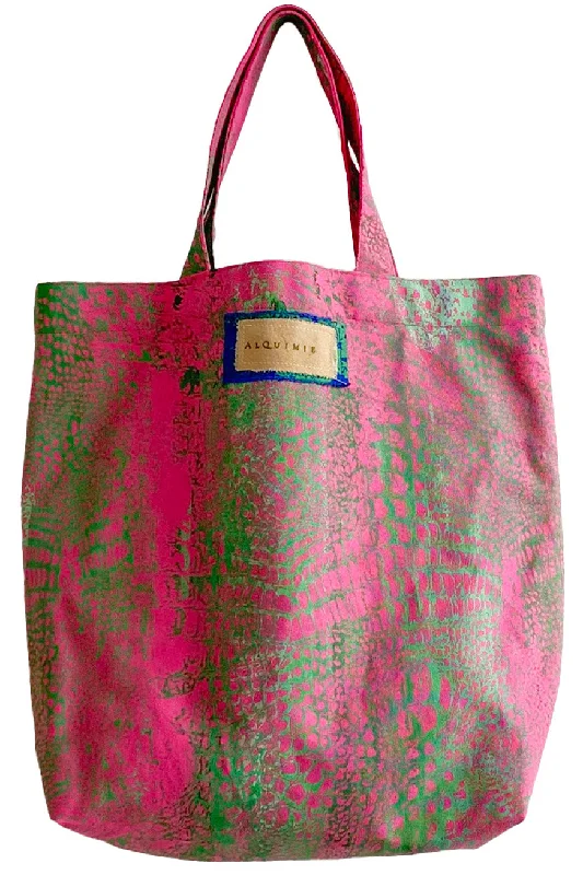 Trendy And Discounted Designer Handbags Hand Dyed & Printed Canvas Tote - Pink & Green Alligator Trendy And Discounted Designer Handbags Hand Dyed & Printed Canvas Tote - Pink & Green Alligator