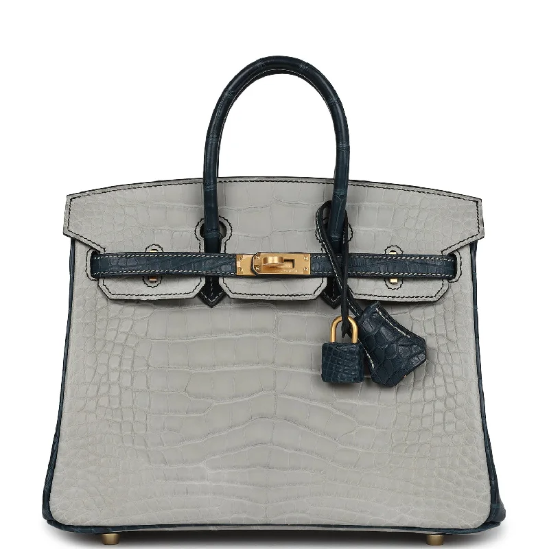 Designer Bags For Luxury Collectors Hermes Special Order (HSS) Birkin 25 Gris Perle and Vert Rousseau Matte Alligator Brushed Gold Hardware Designer Bags For Luxury Collectors Hermes Special Order (HSS) Birkin 25 Gris Perle and Vert Rousseau Matte Alligator Brushed Gold Hardware