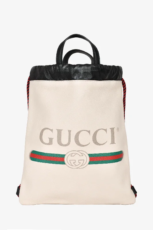 Vintage Bags For Retro And Classic Fashion Lovers Gucci White Leather Logo Small Drawstring Backpack Vintage Bags For Retro And Classic Fashion Lovers Gucci White Leather Logo Small Drawstring Backpack