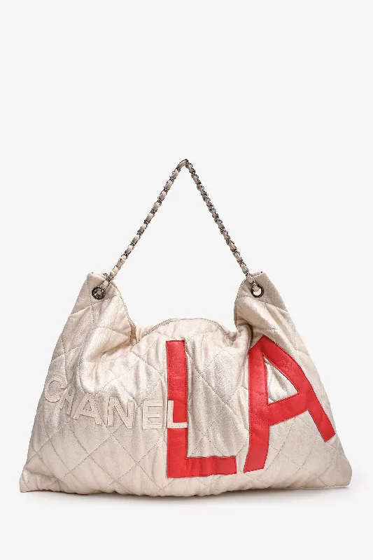 Retro Lovers Pre-Loved Chanel™ 2008/09 Beige Metallic Cloth Quilted Jumbo LA Logo Hobo Chain Tote Retro Lovers Pre-Loved Chanel™ 2008/09 Beige Metallic Cloth Quilted Jumbo LA Logo Hobo Chain Tote