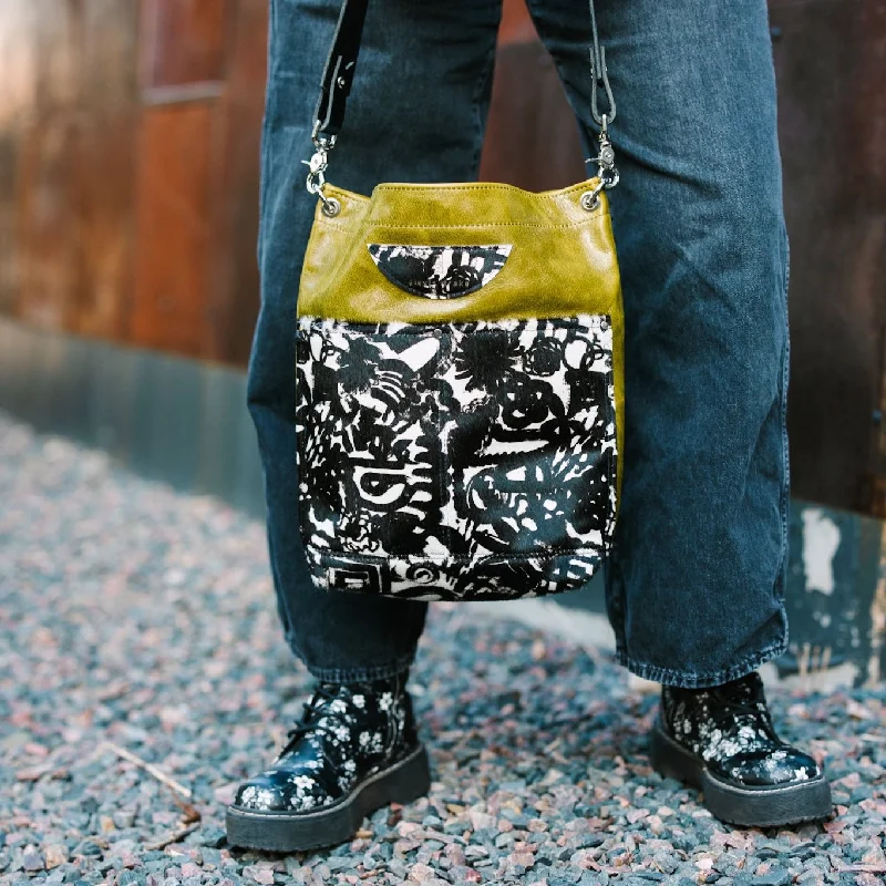 Bags For Urban And Trendy Looks Urban Edge Collection | Train Shoulder Tote + Crossbody | Olive Leaf + Newsprint Hair-on-Hide Bags For Urban And Trendy Looks Urban Edge Collection | Train Shoulder Tote + Crossbody | Olive Leaf + Newsprint Hair-on-Hide