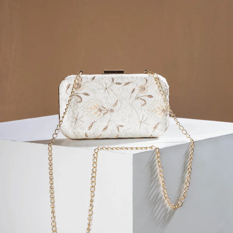 Professional Bags With Office Discounts White - Zardozi Hand Embroidered Tussar Silk Clutch Professional Bags With Office Discounts White - Zardozi Hand Embroidered Tussar Silk Clutch