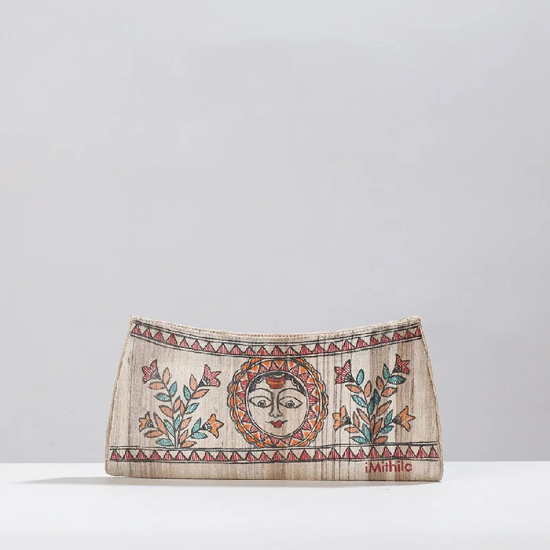 Everyday Bags For Work, School, Or Errands Beige - Madhubani Handpainted Tussar Silk Clutch Everyday Bags For Work, School, Or Errands Beige - Madhubani Handpainted Tussar Silk Clutch