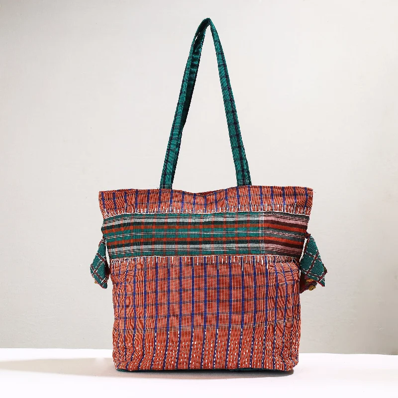 Bags For Urban And Trendy Looks Orange - Handmade Gamcha Fabric Kantha Work Tote Bag Bags For Urban And Trendy Looks Orange - Handmade Gamcha Fabric Kantha Work Tote Bag