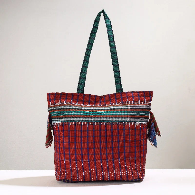Sporty Bags For Active And Athletic Lifestyles Red - Handmade Gamcha Fabric Kantha Work Tote Bag Sporty Bags For Active And Athletic Lifestyles Red - Handmade Gamcha Fabric Kantha Work Tote Bag