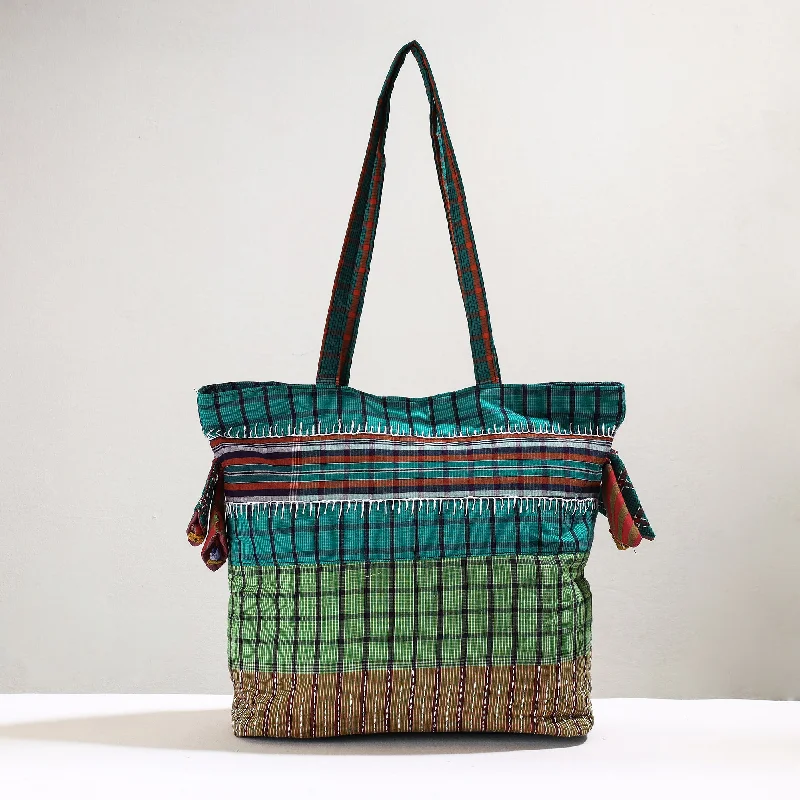 Designer Bags For Luxury Collectors Green - Handmade Gamcha Fabric Kantha Work Tote Bag Designer Bags For Luxury Collectors Green - Handmade Gamcha Fabric Kantha Work Tote Bag