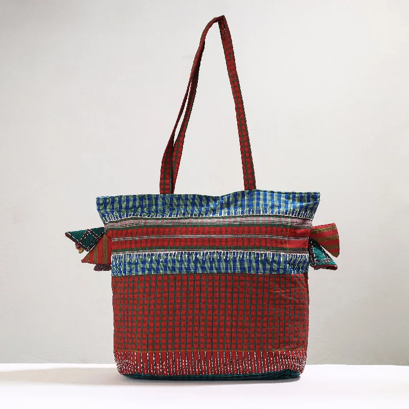 Customizable Bags For Personalized Style Red - Handmade Gamcha Fabric Kantha Work Tote Bag Customizable Bags For Personalized Style Red - Handmade Gamcha Fabric Kantha Work Tote Bag