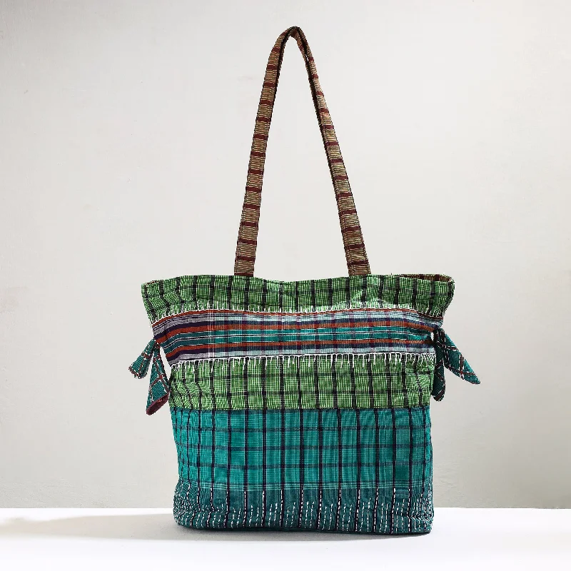 Durable And Fashionable Bags For Daily Use Green - Handmade Gamcha Fabric Kantha Work Tote Bag Durable And Fashionable Bags For Daily Use Green - Handmade Gamcha Fabric Kantha Work Tote Bag