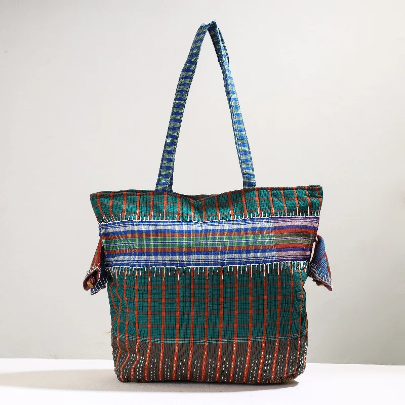 Professional Bags With Office Discounts Green - Handmade Gamcha Fabric Kantha Work Tote Bag Professional Bags With Office Discounts Green - Handmade Gamcha Fabric Kantha Work Tote Bag