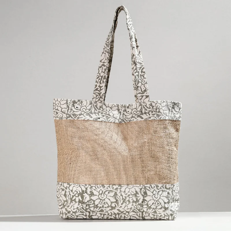 Elegant New Year Party Bags With Flash Sales White - Hand Block Printed Jute Shoulder Bag Elegant New Year Party Bags With Flash Sales White - Hand Block Printed Jute Shoulder Bag