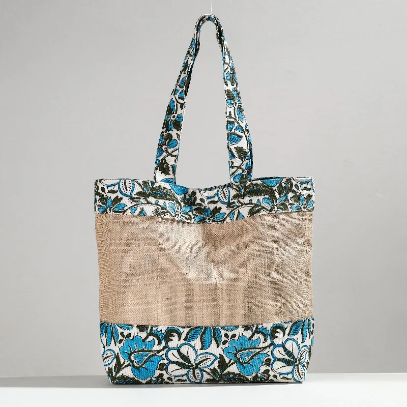Eco-Friendly Bags With Promotions Blue - Hand Block Printed Jute Shoulder Bag
